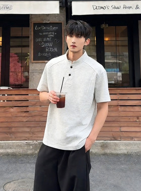 白灰色亨利领短袖polo衫男夏季短宽boxy版型t恤重磅正肩打底半袖