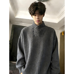 深灰色斜领拉链加绒卫衣男秋冬重磅正肩长袖t恤内搭交叉V领打底衫