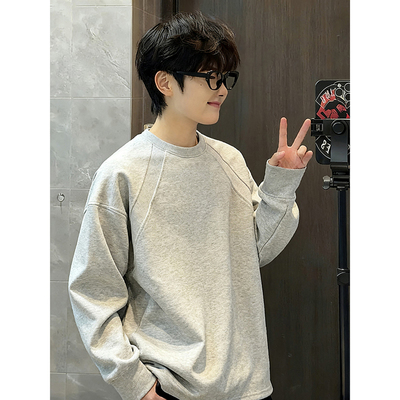 正肩加绒卫衣男拼接重磅长袖t恤