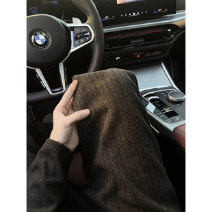 黑色老钱风加厚毛呢西裤男款秋冬美式直筒裤子垂感加绒微喇休闲裤