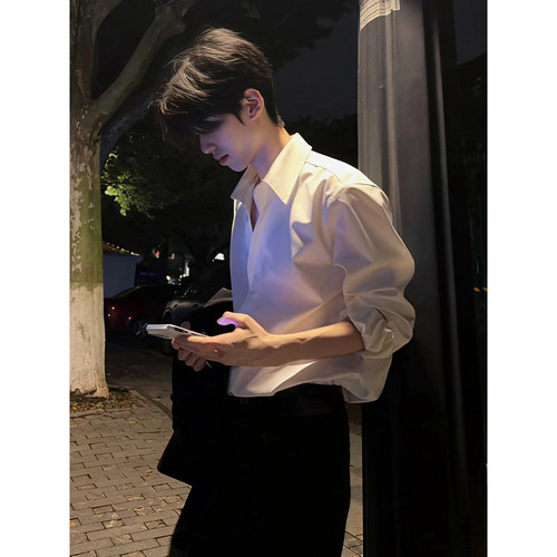 白色英伦雅痞长袖衬衫男款夏季