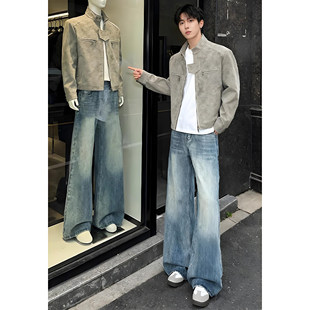 蓝色闪电纹微喇牛仔裤男秋冬美式高街vibe裤子提档加绒弯刀阔腿裤