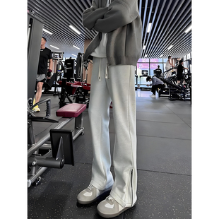 花灰色美式重磅加绒卫裤男款冬季健身训练运动裤侧拉链直筒微喇裤