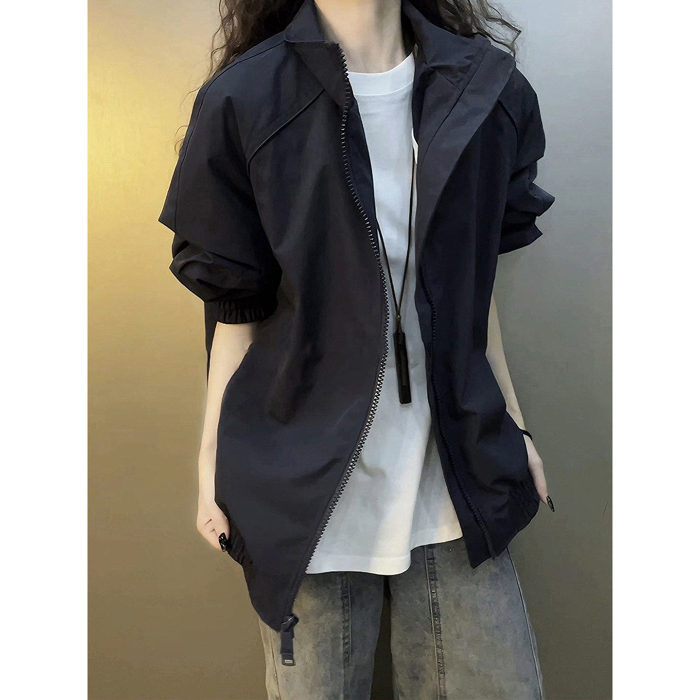 藏青色美式立领飞行夹克男春季廓形短款外套高级感痞帅工装冲锋衣