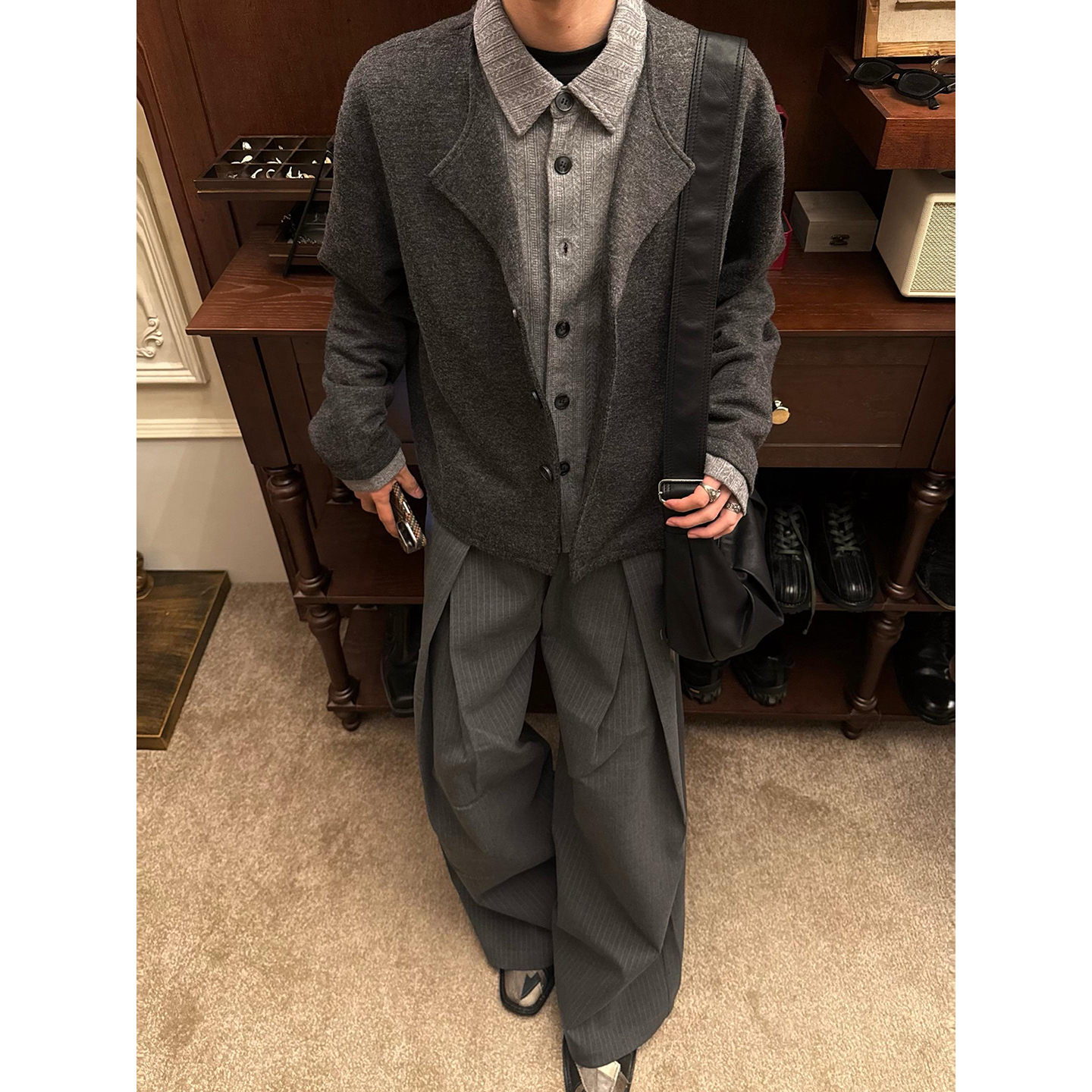 假两件拼接开衫毛衣男款秋季慵懒风衬衫领针织衫松弛感老钱风外套