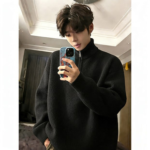 黑色半拉链立领毛衣男款春秋加厚内搭针织衫人夫感穿搭老钱风外套
