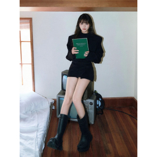黑色半高领卫衣包臀半身短裙套装女秋冬加绒韩系气质御姐风两件套