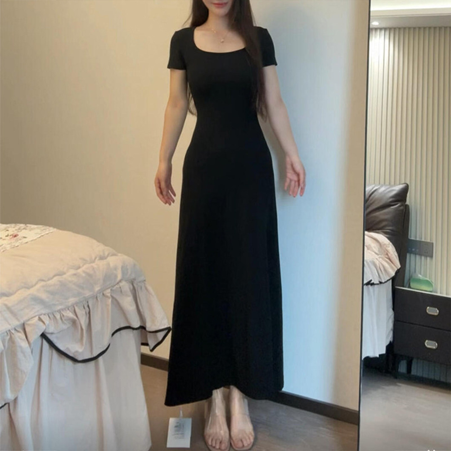 黑色连衣裙女小个子微胖高级绝美收腰长裙子2025新款加长版高个子 - 实物图