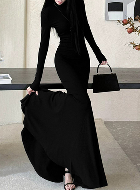 黑色鱼尾连衣裙女秋冬高个子加长步步生莲拖地长裙子赫本风高级感