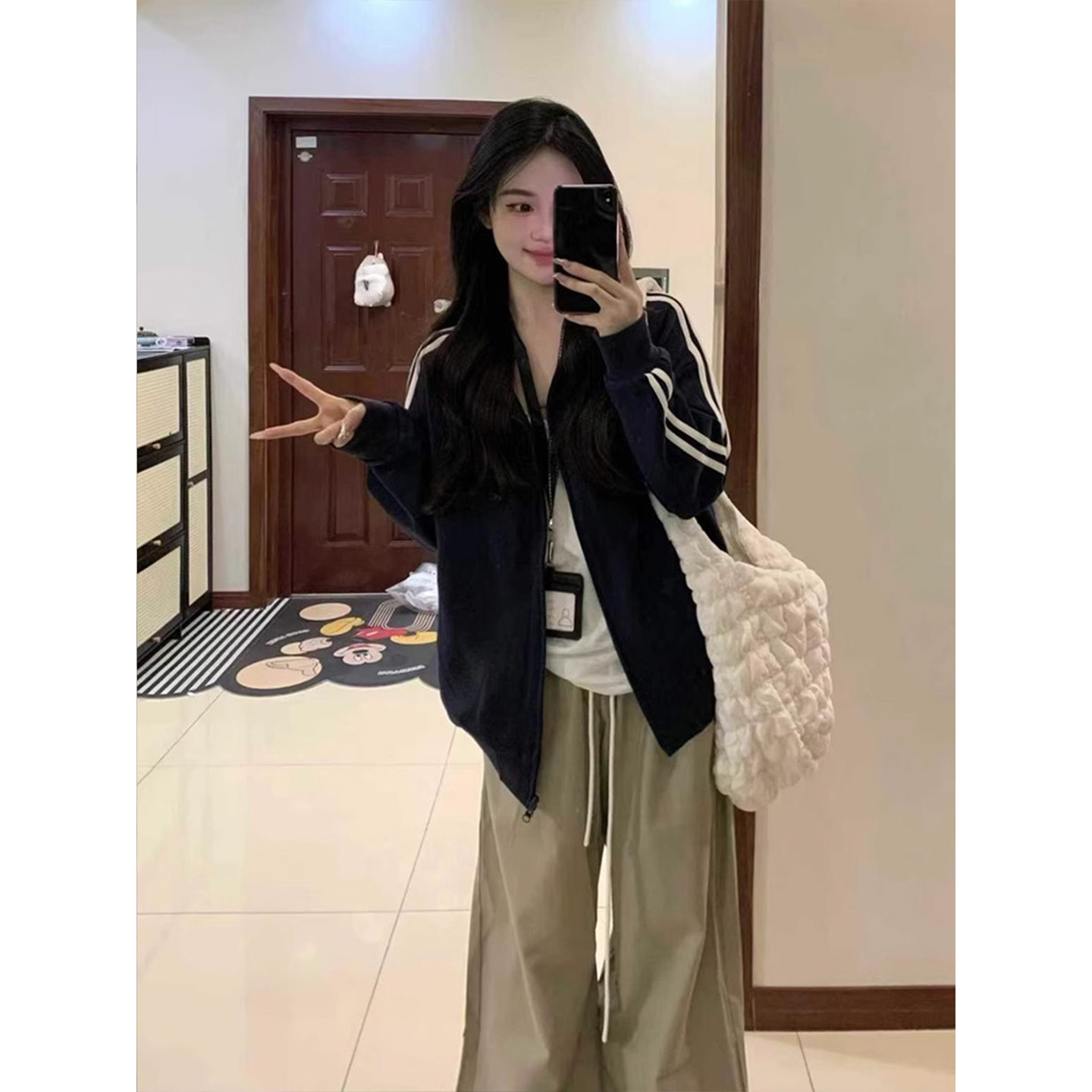 藏蓝色棒球服外套女2025新款长款休闲卫衣加绒厚小个子学院风运动