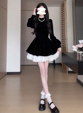 黑色裙子秋冬季连衣裙女蓬蓬裙气质冬装千金小黑裙高级感内搭新款