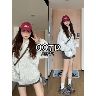 花灰色连帽卫衣女秋冬美式休闲韩系慵懒风chic正肩小个子2025新款