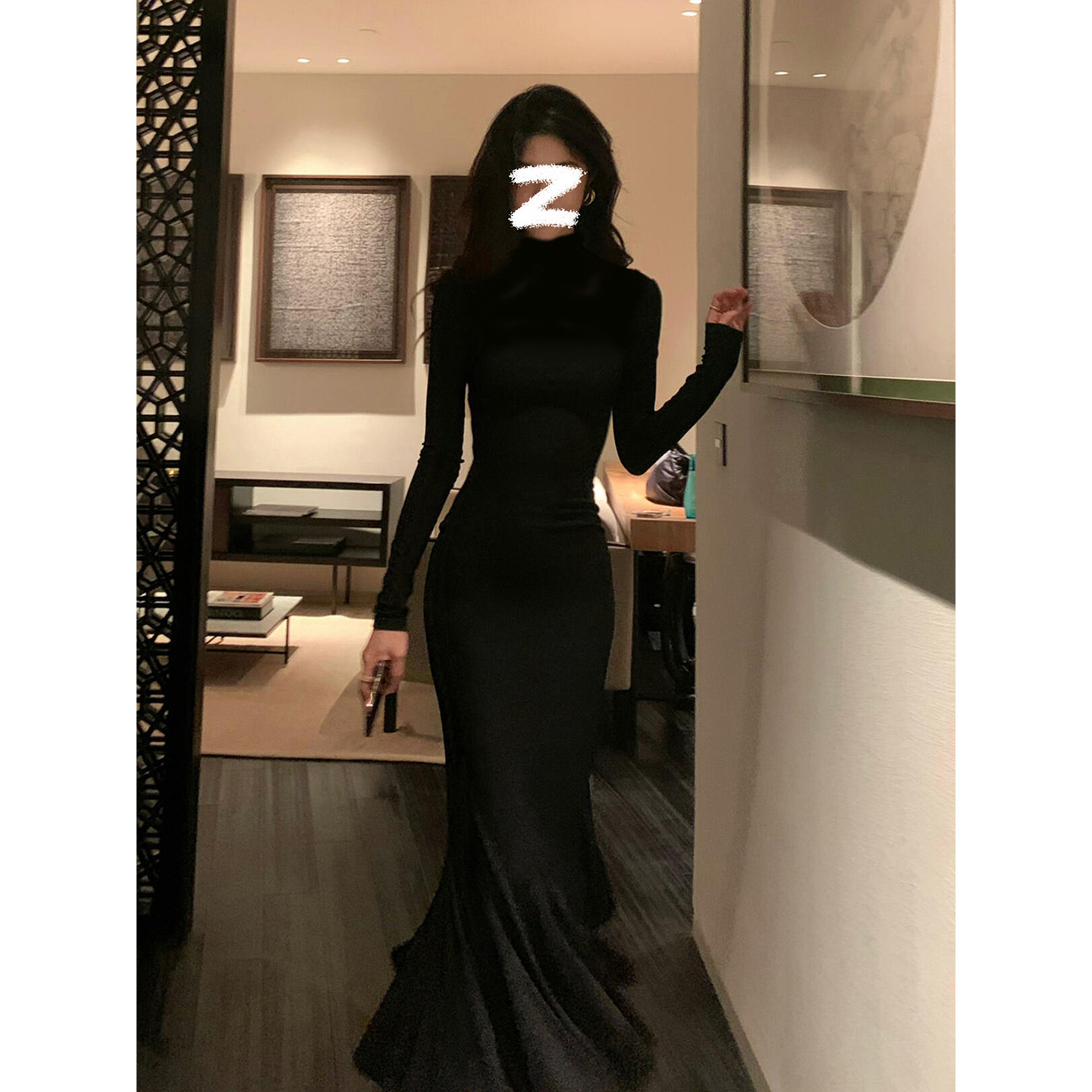 黑色步步生莲鱼尾连衣裙女秋冬气质针织高领长裙轻奢高级感小个子