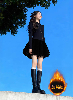 黑色小个子连衣裙女冬季短款蓬蓬裙内搭赫本风小黑裙子高级感秋冬