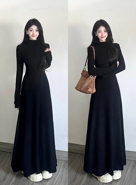 黑色赫本风秋冬季连衣裙针织裙子冬装御姐新款长裙女长款内搭高级
