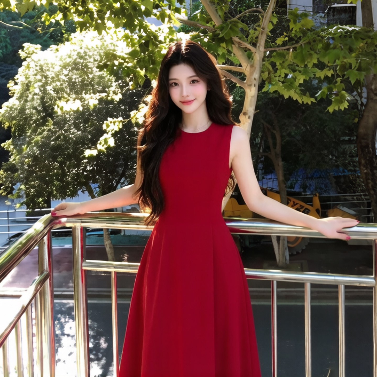正红色连衣裙女夏2026新款订婚回门礼服平时可穿气质显瘦大摆长裙 - 实物图