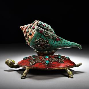 饰工艺品 仿古铜镶嵌宝石彩绘描金法螺法器古玩收藏家居装