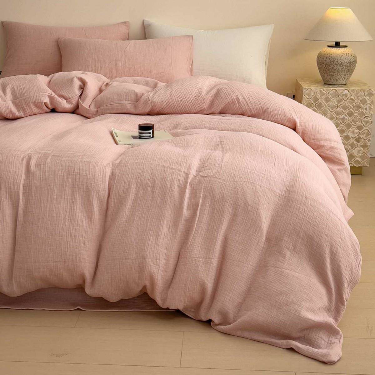 简约时尚纯色皱皱纱全棉四件套柔软贴身皱皱水洗工艺素色被套床单