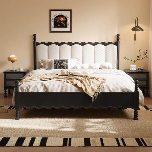实木床法式奶油风真皮床现代简约黑色主卧复古涟漪双人真皮软包床