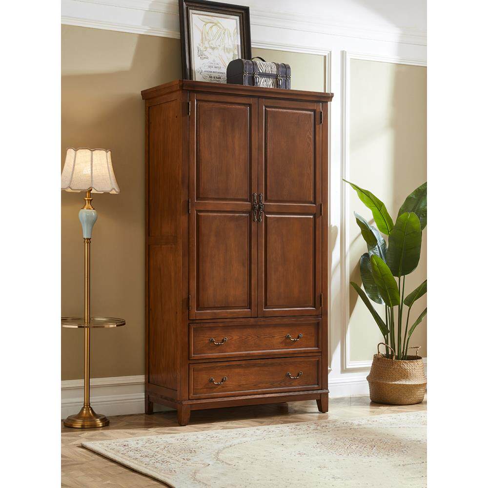 W7简约美式实木衣柜家用欧式卧室小户型挂衣柜单门双门组合收纳衣