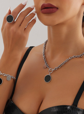 欧美饰品 冷酷风金属黑色仿贝母戒指 甜酷可调节指环套装