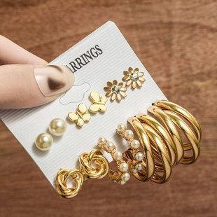 欧美新款耳环套装创意金属几何珍珠圆环耳钉套装earrings set