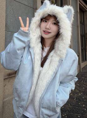 蓝色座山雕毛领连帽猫耳朵外套女冬季加绒加厚保暖宽松棉服小个子
