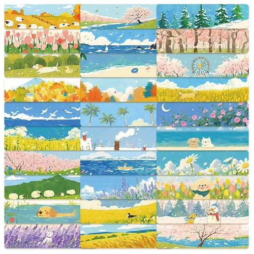 60张幸福时光风景书签油画插画DIY阅读书籍标注ins治愈书签学生