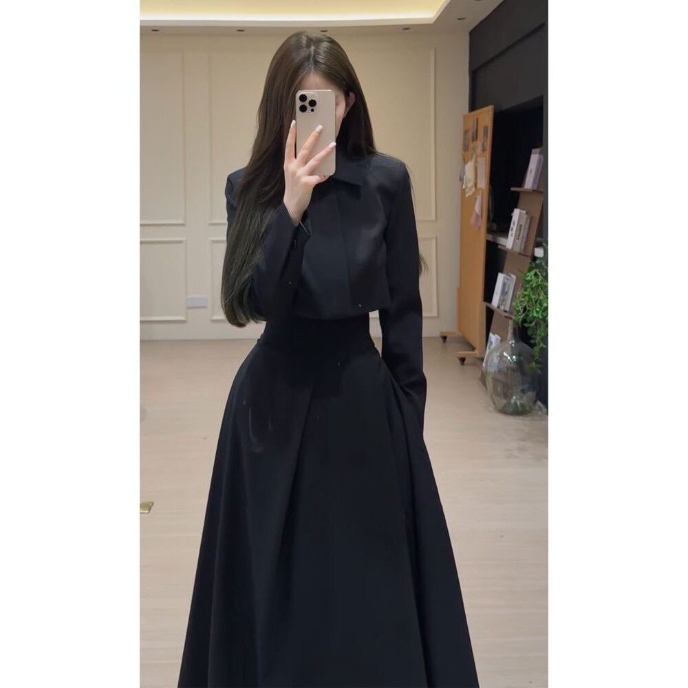 赫本风黑色西装裙子套装女秋冬季韩剧财阀千金高级感气质显瘦长裙