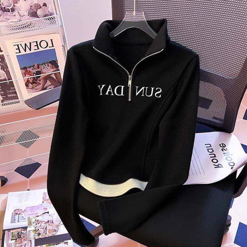 半拉链立领卫衣女秋季2026新款修身短款小个子上衣假两件长袖t恤