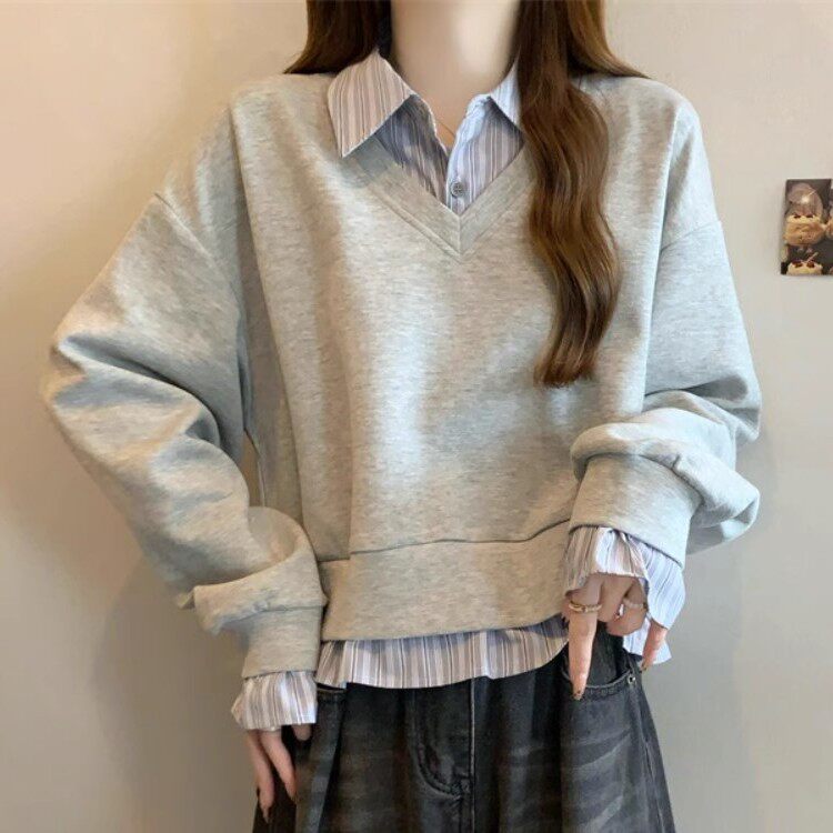 衬衫拼接假两件卫衣女款春秋大码微胖mm显瘦短款学院风Polo领上衣