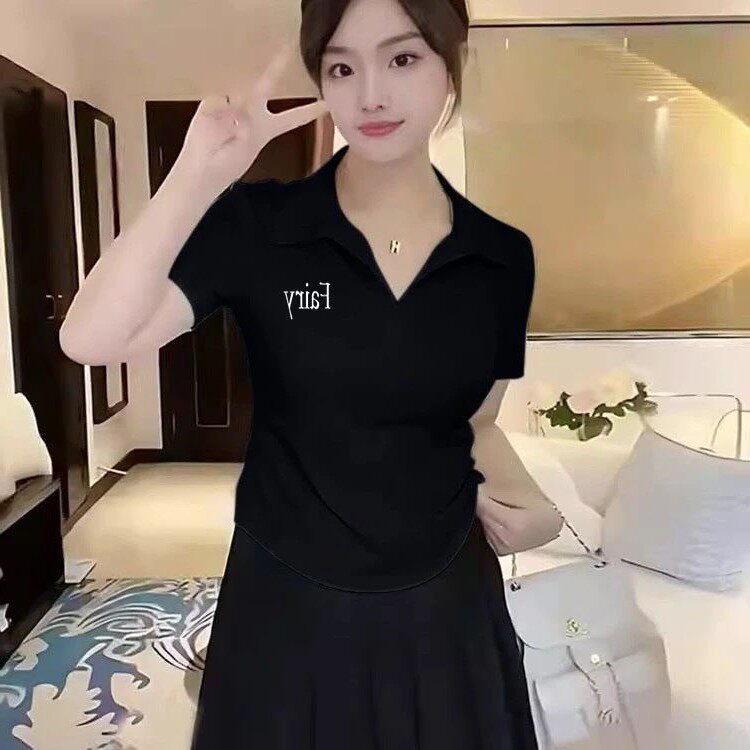 纯棉POLO领黑色短袖T恤女夏2025新款修身正肩百搭打底衫短款上衣