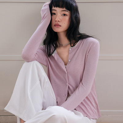春夏天丝羊毛纽扣打底衫女新款莱赛尔百搭开衫修身长袖上衣