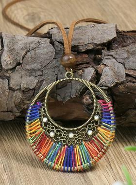 欧美新款项链简约手工编制混彩大圈吊坠波西米亚复古饰品