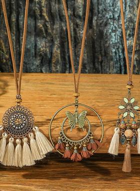 波西米亚度假风咖色流苏项链女异域民族风新中式复古毛衣链配饰品