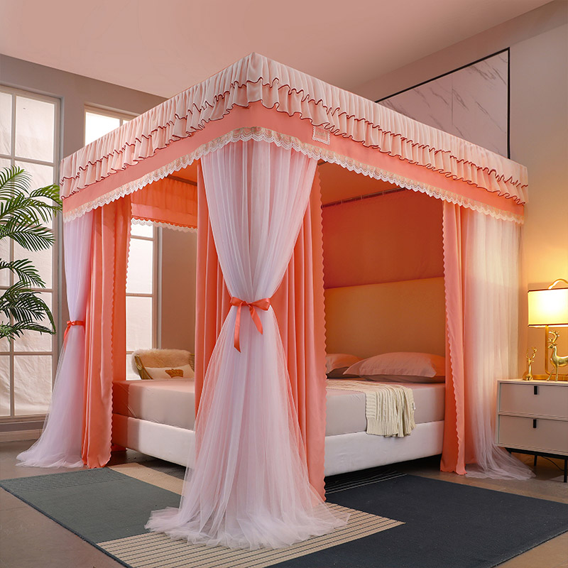 新款公主风宫廷落地蚊帐遮光防尘布帘一体式双层封闭加厚床幔卧室