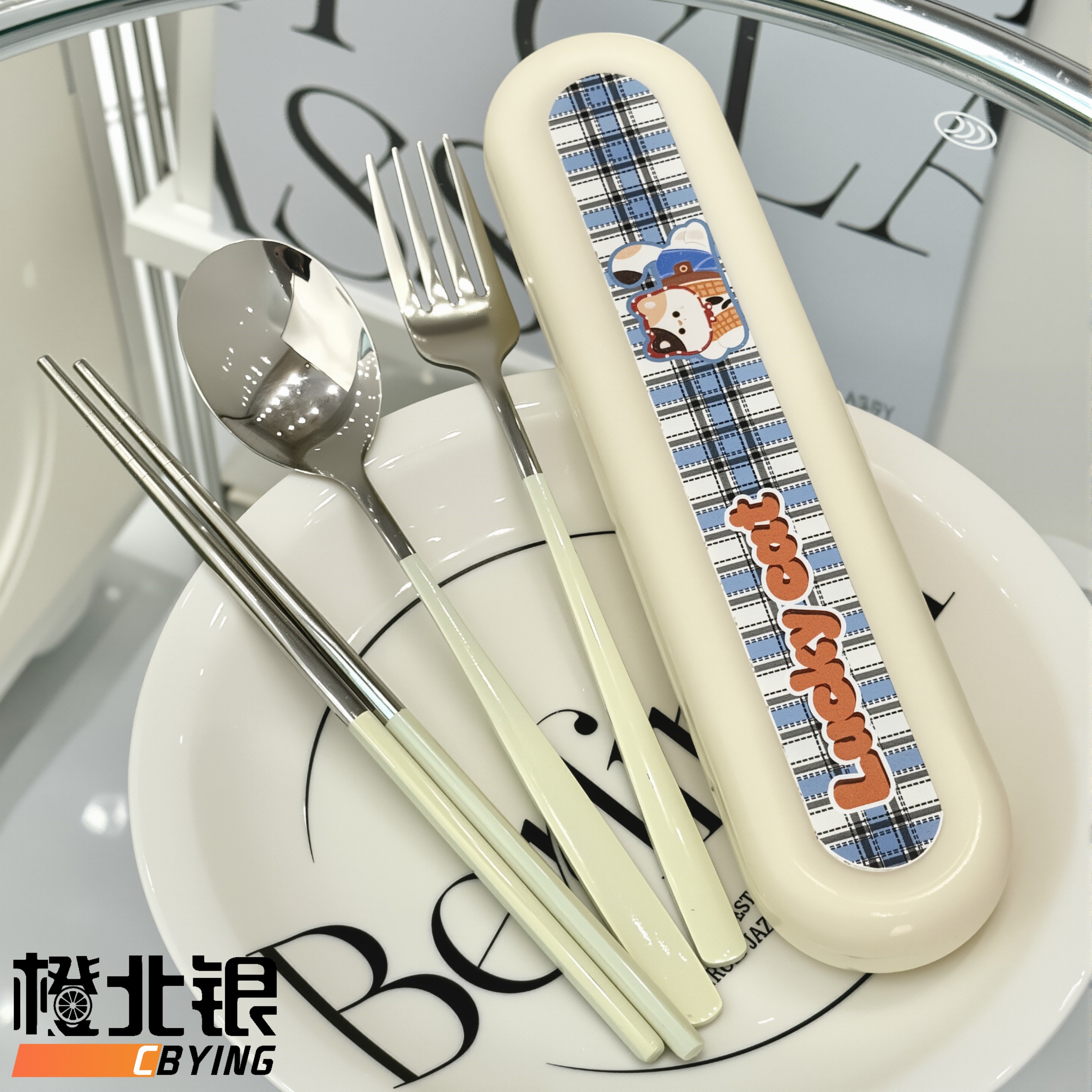 橙北银ins风卡通便携餐具盒304不锈钢筷勺叉单人套装户外密封防尘