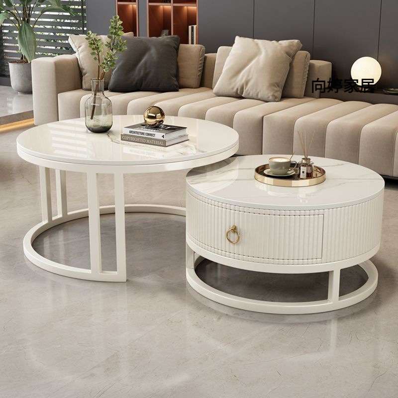 圆形岩板茶几奶油风小户型简约客厅大小家用现代双层伸缩轻奢茶桌