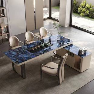 2025奢石岩板茶桌轻奢现代简约客厅不锈钢茶台泡茶桌椅送装 一体