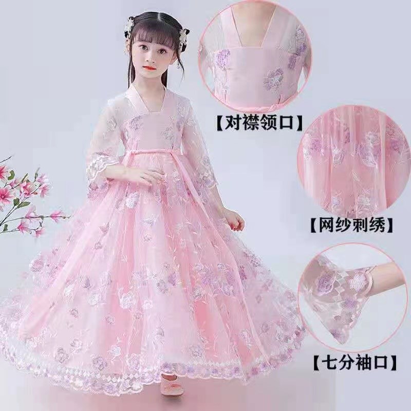 女童汉服连衣裙短袖2024v新款古装薄款纱裙儿童裙子夏季女孩公主