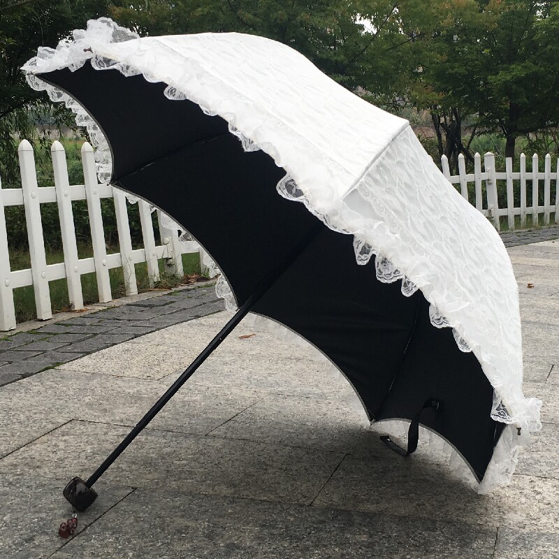 太阳伞防晒防紫外线纯白色蕾丝花边D黑胶零透光三折叠晴雨伞女洋