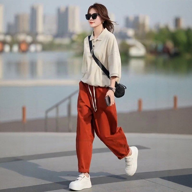 时尚两件套装女2025年夏季后背印花POLO领短袖T恤+水X洗棉哈伦裤,女装/女士精品,时尚套装,淘宝优惠券,粉丝福利购,淘宝优惠卷