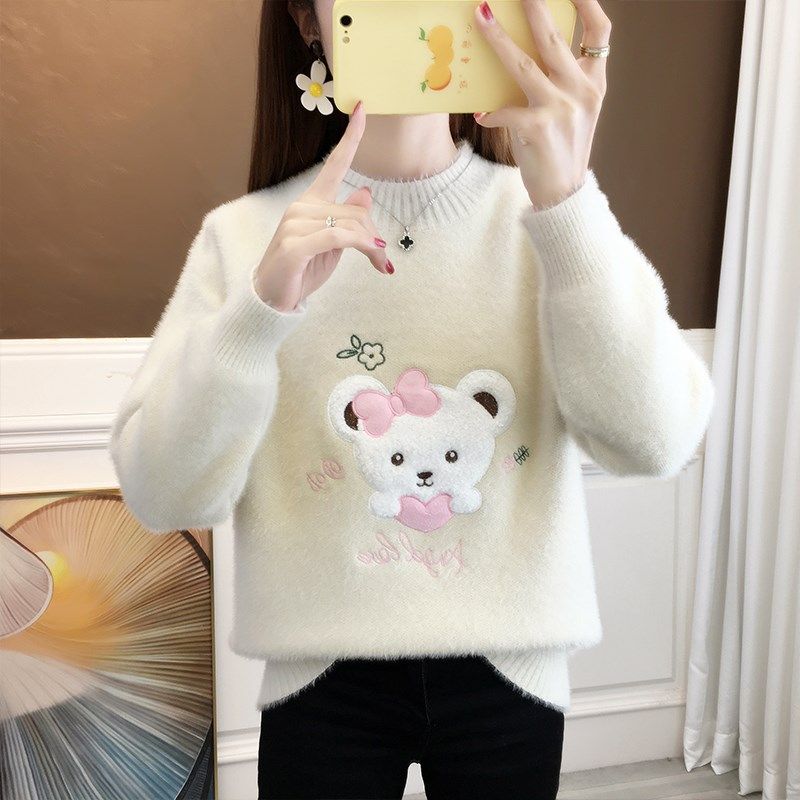 半高领毛衣女秋冬2024新款学生少女刺绣加厚外穿S水貂绒打底针织,女装/女士精品,羊绒衫,淘宝优惠券,粉丝福利购,淘宝优惠卷