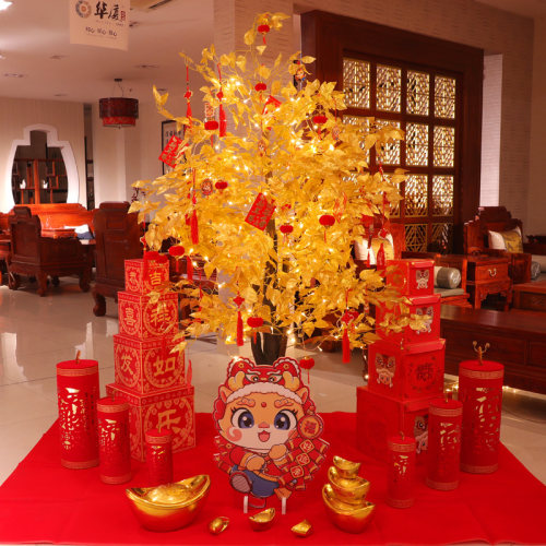 龙年新年装饰春节发财树元旦场景布置F商场酒店金钱树堆头摆件套