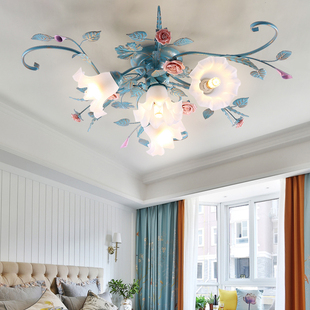 蓝色铁艺复古j卧室灯led女孩房间温馨花草灯饰 田园吸顶灯客厅美式