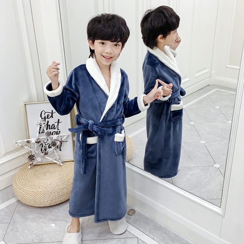 儿童浴袍珊瑚绒睡袍秋冬季法兰绒宝D宝保暖加厚款男童孩家居服睡