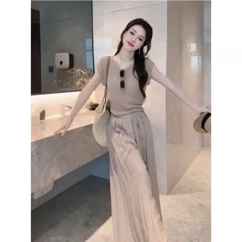 短袖针织衫垂感阔腿裤裙两件套盐系E时尚休闲套装夏装搭配一整套,女装/女士精品,时尚套装,淘宝优惠券,粉丝福利购,淘宝优惠卷