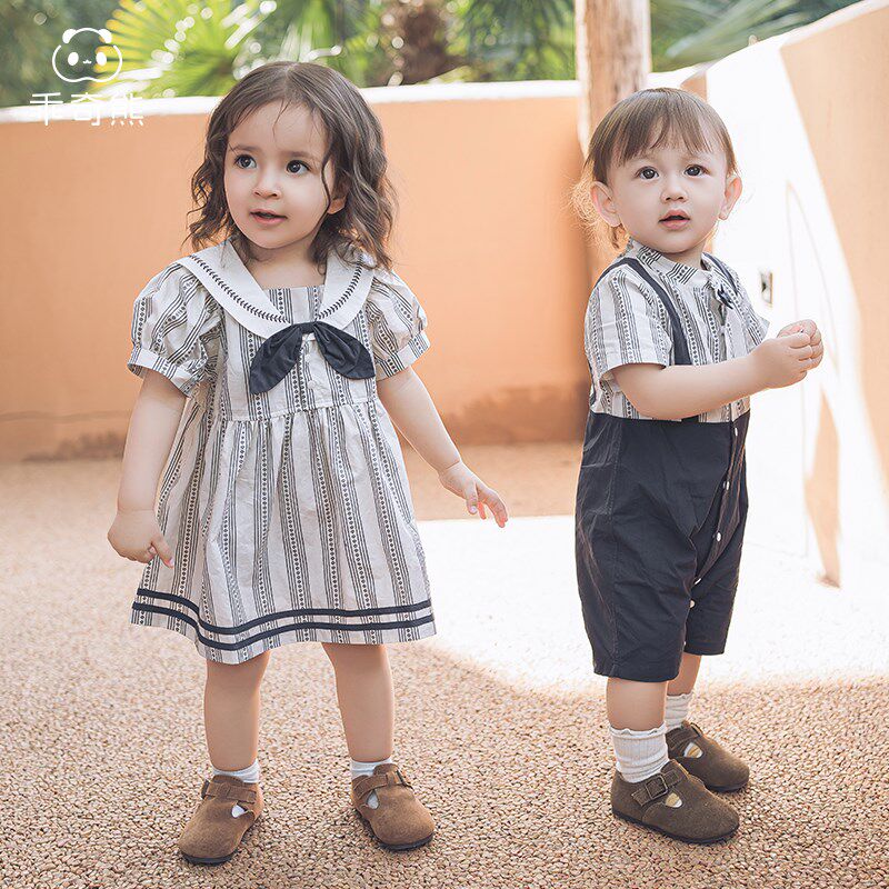 婴儿学院风周岁礼服夏季薄款男宝宝纯棉连体M衣女连衣裙兄妹姐弟