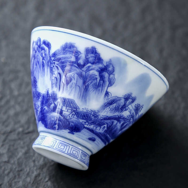 青花瓷茶杯套装青花斗笠杯6个礼盒装复古L陶瓷功夫茶具品茗杯单杯