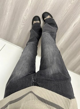 美式烟灰色牛仔裤女夏季新款胖妹妹mm高腰宽松显瘦直筒Z微喇拖地